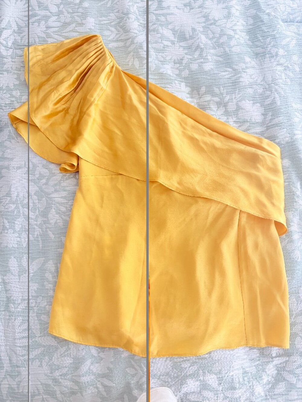 BCBGMAXAZRIA XS Yellow One Shoulder Satin Ruffle Blouse Top